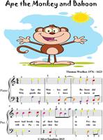   The Ape the Monkey and Baboon Easy Piano Sheet Music with Colored Notes