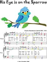   His Eye Is On the Sparrow Easy Piano Sheet Music with Colored Notes