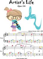   Artist's Life Waltz Opus 316 Easy Piano Sheet Music with Colored Notes
