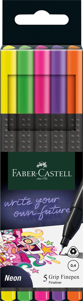 Astuccio in cartone con 5 Grip Finepen Neon (giallo, verde, rosa, viola, arancione)  Faber-Castell 2022 | Libraccio.it