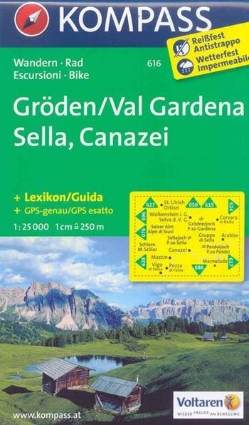 Carta escursionistica n. 616. Val Gardena, Sella, Canazei 1:25.000. Adatto a GPS. Digital map. DVD-ROM  - Libro Kompass 2016 | Libraccio.it