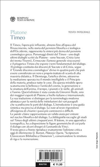 Timeo. Testo greco a fronte - Platone - Libro Bompiani 2000, Testi a fronte | Libraccio.it