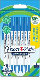 Penne a sfera. Penna con punta media (1,0 mm), scrive per pi&#249; di un km. Inchiostro blu. 80% plastica riciclata. 8 pezzi