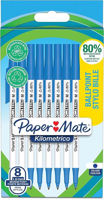 Penne a sfera. Penna con punta media (1,0 mm), scrive per pi&#249; di un km. Inchiostro blu. 80% plastica riciclata. 8 pezzi  Paper Mate 2024 | Libraccio.it