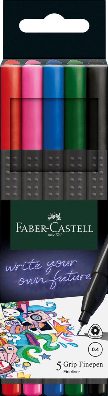 Astuccio in cartone con 5 Grip Finepen Basic (rosso, rosa, blu,verde, nero)  Faber-Castell 2022 | Libraccio.it