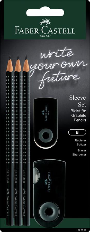 Blister 3 matite di grafite Grip 2001, 1 gomma mini Sleeve, 1 temperamatite Sleeve a due fori, nero  Faber-Castell 2024 | Libraccio.it
