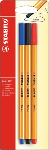 Penne a punta fine STABILO point 88. Confezione 3 colori Nero, Blu, Rosso&#160;