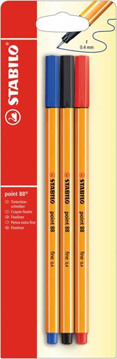 Fineliner - STABILO point 88 - Pack da 3 - Nero/Blu/Rosso