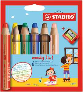 Pastelli STABILO Woody 3 in 1. Confezione 6 matitoni colorati + t...