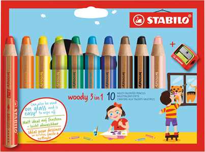 Pastelli STABILO Woody 3 in 1. Confezione 10 matitoni colorati + ...