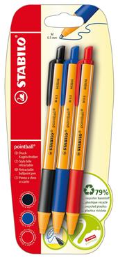 Penna a sfera a scatto STABILO pointball. Confezione 3 colori Nero, Blu, Rosso&#160;