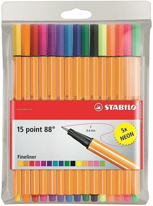 Pennarelli Fineliner STABILO Point 88. Confezione 10 colori + 5 colori neon