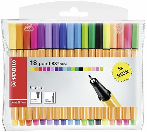 Penne a punta fine STABILO point 88 Mini. Confezione 13 colori + 5 colori  neon Stabilo