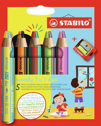 Matita colorata Multi-Funzione - STABILO woody 3 in 1 duo, Mina 2 Colori, Astuccio da 5, Temperino, 5 Matitoni e 10 colori  Stabilo 2023 | Libraccio.it
