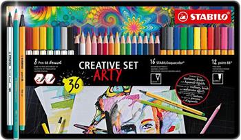 Creative Set STABILO ARTY STABILO point 88, Pen 68 brush & aquacolor Scatola in metallo da 36 12 fineliner point 88  Stabilo 2022 | Libraccio.it