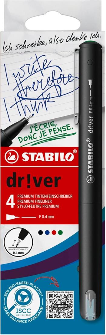 Fineliner Premium - STABILO dr!ver - Tratto Fine (0,4 mm) - Astuccio da 4 - Verde, Rosso, Blu, Nero  STABILO 2025 | Libraccio.it