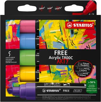 Marker acrilico - STABILO FREE Acrylic - T800C Punta a scalpello 4-10mm - Seaside Edition - Astuccio da 5, Colori assortiti  STABILO 2025 | Libraccio.it