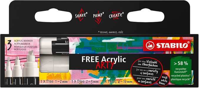 Marker acrilico - STABILO FREE Acrylic - Pack da 3 - 1x T100, T3...