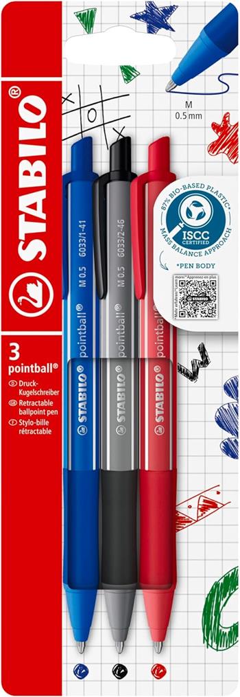 Penna a sfera Ecosostenibile - STABILO pointball colorful - Pack da 3 - Blu/Nero/Rosso  STABILO 2025 | Libraccio.it