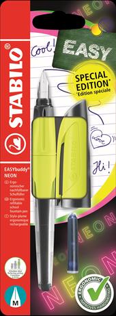 Penna Stilografica Ergonomica per Bambini - STABILO EASYbuddy NEON - Giallo NEON - Punta Standard - Cartuccia Blu inclusa