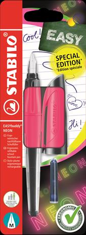 Penna Stilografica Ergonomica per Bambini - STABILO EASYbuddy NEON - Rosa NEON - Punta Standard - Cartuccia Blu inclusa