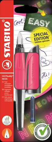 Penna Stilografica Ergonomica per Bambini - STABILO EASYbuddy NEON - Rosa NEON - Punta Mancini - Cartuccia Blu inclusa