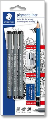 Pennarelli fineliner Staedlter Pigment liner. Confezione 3 pennerelli a tratti assortiti