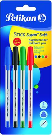 Penna a sfera Pelikan Stick Supersoft con inchiostro superscorrevole. Confezione 4 pezzi