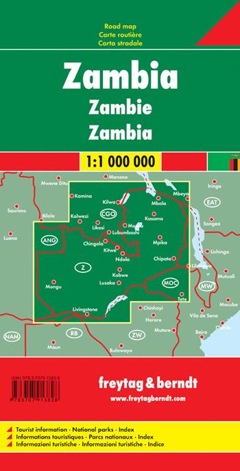 Zambia 1:1.000.000  - Libro Freytag & Berndt 2012, Auto karte | Libraccio.it