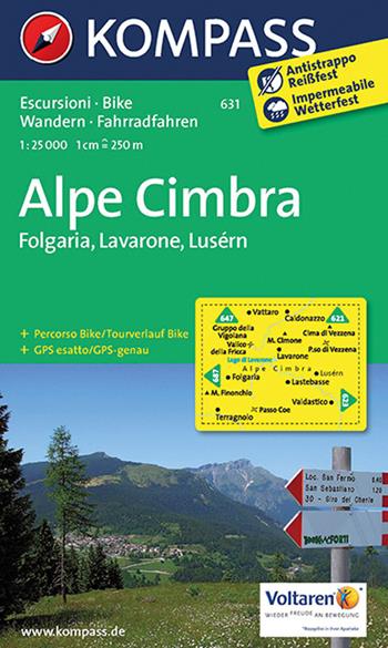Carta escursionistica n. 631. Alpe Cimbra. Folgaria, Lavarone, Lusérn 1:25.000  - Libro Kompass 2016 | Libraccio.it