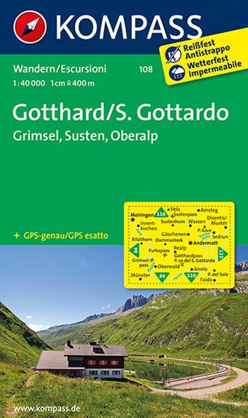 Carta escursionistica n. 108. Gotthard-S. Gottardo, Grimsel, Susten, Oberalp 1:40.000  - Libro Kompass 2014 | Libraccio.it