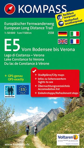 Carta Tour n. 2558 - E5 Dal Lago di Costanza fino a Verona 1:50.000. Ediz. tedesca, italiana, inglese e francese  - Libro Kompass 2018 | Libraccio.it