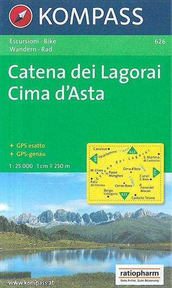 Carta escursionistica n. 626. Trentino, Veneto. Catena dei Lagorai, Cima d'Asta 1:25.000. Adatto a GPS. Digital map. DVD-ROM  - Libro Kompass 2016 | Libraccio.it
