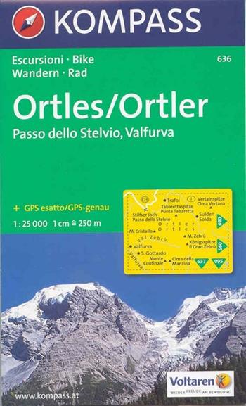 Carta escursionistica n. 636. Trentino, Veneto. Ortles, Passo dello Stelvio, Valfurva 1:25.000. Adatto a GPS. Digital map. DVD-ROM  - Libro Kompass 2016 | Libraccio.it