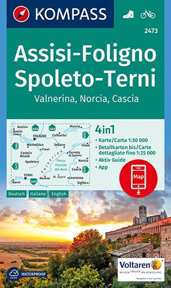 Carta escursionistica n. 2473. Assisi, Foligno, Spoleto, Terni, Valnerina 1:50.000. Ediz. italiana, tedesca e inglese  - Libro Kompass 2018 | Libraccio.it