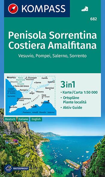 Carta escursionistica n. 682. Penisola Sorrentina, Costiera Amalfitana, Vesuvio, Pompei, Salerno, Sorrento 1:50.00. Ediz. italiana, tedesca e inglese  - Libro Kompass 2019 | Libraccio.it