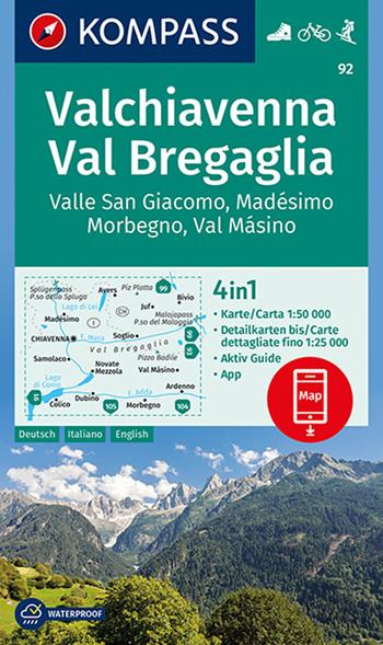 Carta escursionistica n. 92. Valchiavenna, Val Bregaglia 1:50.000 Ediz. italiana, tedesca e inglese  - Libro Kompass 2018 | Libraccio.it