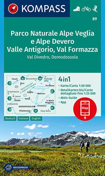 Carta escursionistica n. 89. Parco Naturale Alpe Veglia e Alpe Devero, Valle Antigorio, Val Formazza 1:50.000. Ediz. italiana, tedesca e inglese  - Libro Kompass 2018 | Libraccio.it