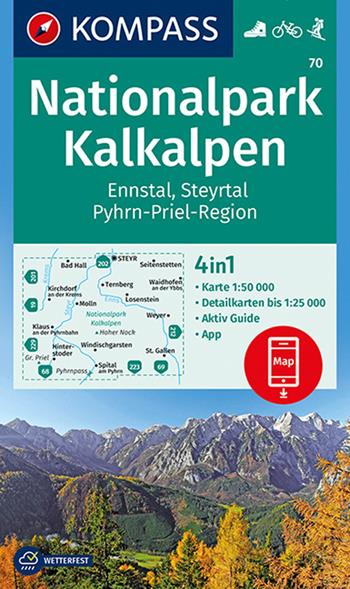 Carta escursionistica n. 70. Nationalpark Kalkalpen, Ennstal, Steyrtal, Pyhrn-Priel-Region 1:50.000  - Libro Kompass 2018 | Libraccio.it