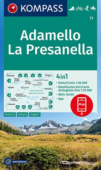 Carta escursionistica n. 71. Adamello, La Presanella 1:50.000. Ediz. italiana, tedesca e inglese  - Libro Kompass 2018 | Libraccio.it