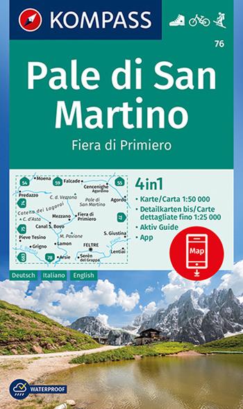 Carta escursionistica n. 76. Pale di San Martino, Fiera di Primiero 1:50.000. Ediz. italiana, tedesca e inglese  - Libro Kompass 2019 | Libraccio.it