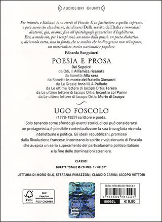 Poesia e prosa letto da Moro Silo, Stefania Pimazzoni, Claudio Carini, Iacopo Vettori. Audiolibro. CD Audio formato MP3 - Ugo Foscolo - Libro Giunti Editore 2013, Audiolibri | Libraccio.it