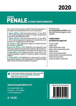 Codice penale e leggi complementari  - Libro Hoepli 2020, Codici | Libraccio.it