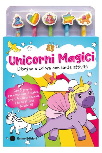 Unicorni magici. Ediz. illustrata. Con 5 matite colorate e 5 gomme  - Libro Emme Edizioni 2025, A pagine aperte | Libraccio.it
