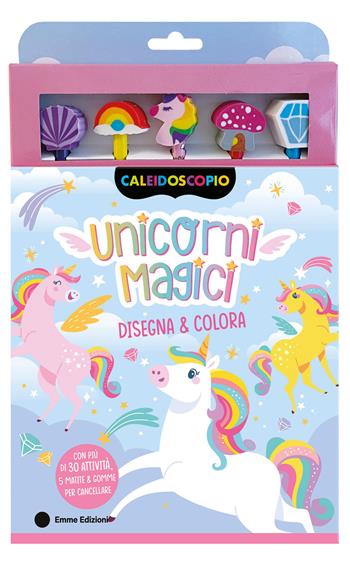 Unicorni magici. Ediz. illustrata. Con 5 gomme per cancellare. Con 5 matite  - Libro Emme Edizioni 2026, A pagine aperte | Libraccio.it