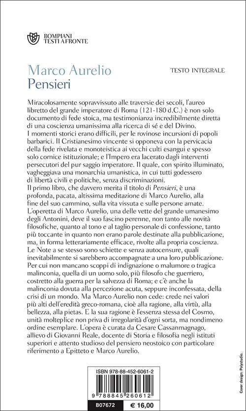 Pensieri. Testo greco a fronte - Marco Aurelio - Libro Bompiani