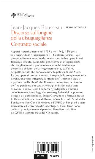 Discorso sull'origine della disuguaglianza. Contratto sociale. Testo francese a fronte - Jean-Jacques Rousseau - Libro Bompiani 2012, Testi a fronte | Libraccio.it