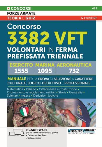 Concorso 3382 VFT volontari in ferma prefissata triennale. 1555 volontari esercito. 1095 volontari marina. 732 volontari aeronautica. Manuale. Teorie e quiz. Con Con SOFTWARE per la simulazione della prova. Con Estensioni online. Con Videolezioni  - Libro Nissolino 2026 | Libraccio.it