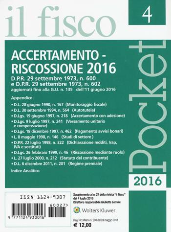 Accertamento e riscossione 2016  - Libro Il Fisco 2016, Pocket | Libraccio.it