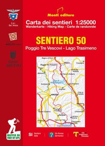 Sentiero 50. Poggio tre vescovi. Lago Trasimeno. Carta dei sentieri 1:25.000. Ediz. italiana, inglese, francese e tedesca - Raffaele Monti - Libro Monti Raffaele 2023, Itinerarie | Libraccio.it